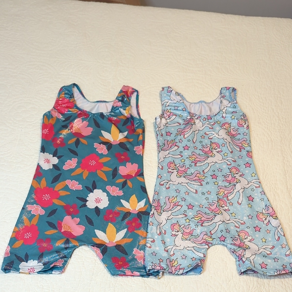 Gymnastics Tumbling Dance Floral And Unicorn Leotard Set Of 2